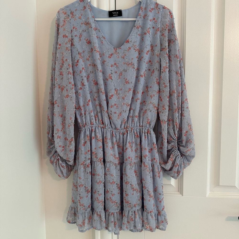 Vici Long Sleeve Floral Dress in Soft Blue and Red